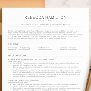 May include: A resume for Rebecca Hamilton, MBA, CSIP, with over 15 years of experience in B2B and real estate sectors. The resume highlights her skills in communication, leadership, time management, negotiation, and research. It also details her experience as Head of Digital Marketing at Visual Design Agency, where she launched the first Facebook advertisement for the Lite Loop brand, developed Instagram and LinkedIn campaigns, and created product roadmaps.