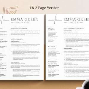May include: A two-page resume template for a registered nurse named Emma Green. The resume includes sections for professional overview, work experience, education, licenses and certifications, key skills, and professional development. The resume is designed with a modern and clean aesthetic.