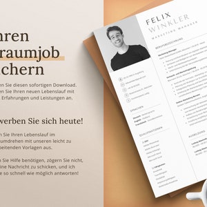 Op de afbeelding: Een zwart-witte cv-sjabloon met een foto van een man in de linkerbovenhoek. De cv is getiteld "Felix Winkler, Marketing Manager". De cv bevat secties voor "Berufbezeichnung", "Sprachen", "Qualifikationen" en "Ausbildung".