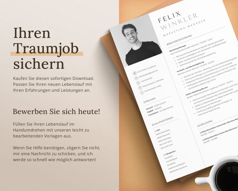 Op de afbeelding: Een zwart-witte cv-sjabloon met een foto van een man in de linkerbovenhoek. De cv is getiteld "Felix Winkler, Marketing Manager". De cv bevat secties voor "Berufbezeichnung", "Sprachen", "Qualifikationen" en "Ausbildung".