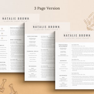 May include: A three-page CV template for an elementary school teacher. The CV is formatted with a modern, minimalist design and includes sections for professional overview, work experience, skills, education, certifications, technical skills, references, professional development, interests, and references.