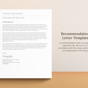 May include: A recommendation letter template with the text "Recommendation Letter Template" in a large font. The text below reads "A recommendation letter can play an important role. Be sure it is in accordance with the values and beliefs you emphasized in the Essay."