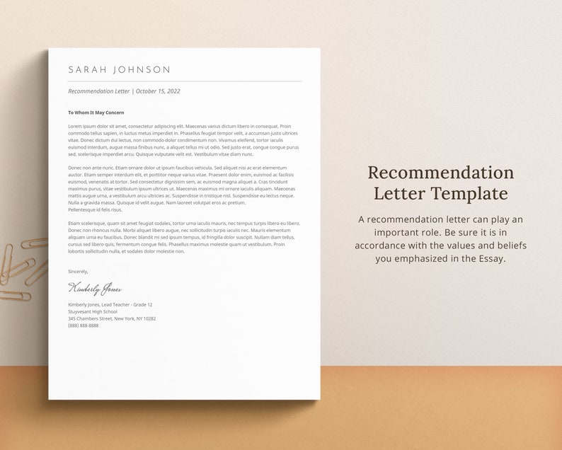 May include: A recommendation letter template with the text "Recommendation Letter Template" in a large font. The text below reads "A recommendation letter can play an important role. Be sure it is in accordance with the values and beliefs you emphasized in the Essay."
