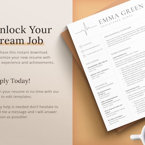 May include: A white resume template with a black and white heart beat graphic at the top. The text "Unlock Your Dream Job" is at the top of the page. The text "Apply Today!" is in the middle of the page. The text "Fill in your resume in no time with our easy to edit templates." is below the text "Apply Today!" The text "If any help is needed don't hesitate to send me a message and I will answer as soon as possible!" is at the bottom of the page. The text "EMMA GREEN REGISTERED NURSE" is at the top right of the page. The text "PROFESSIONAL OVERVIEW" is below the text "EMMA GREEN REGISTERED NURSE". The text "WORK EXPERIENCE" is below the text "PROFESSIONAL OVERVIEW". The text "EDUCATION" is below the text "WORK EXPERIENCE". The text "LICENSES & CERTIFICATIONS" is below the text "EDUCATION".