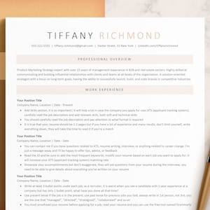 May include: A resume template with the title "Tiffany Richmond" and the heading "Work Experience". The template includes a section for adding skills, a section for adding work experience, and a section for adding contact information.