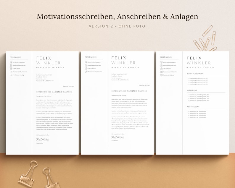 Op de afbeelding: Een document van drie pagina's met een lichtgrijze achtergrond. Het document is een cv en sollicitatiebrief voor een sollicitatie. Het document bevat de naam van de sollicitant, zijn contactgegevens, zijn werkervaring en opleiding. Het document is getiteld "Motivationsschreiben, Anschreiben & Anlagen" en "VERSION 2 - OHNE FOTO".