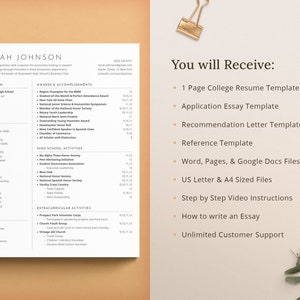 May include: A white resume template with a black header and text. The resume is for Sarah Johnson, an aspiring entrepreneur with a passion for economics. The resume includes sections for education, awards and accomplishments, skills, high school activities, extracurricular activities, and hobbies. The resume also includes a list of items you will receive when you purchase the template, including a college resume template, application essay template, recommendation letter template, reference template, word, pages, and google docs files, US letter and A4 sized files, step by step video instructions, how to write an essay, and unlimited customer support.