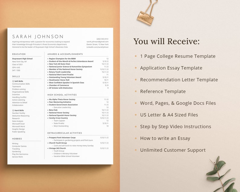 May include: A white resume template with a black header and text. The resume is for Sarah Johnson, an aspiring entrepreneur with a passion for economics. The resume includes sections for education, awards and accomplishments, skills, high school activities, extracurricular activities, and hobbies. The resume also includes a list of items you will receive when you purchase the template, including a college resume template, application essay template, recommendation letter template, reference template, word, pages, and google docs files, US letter and A4 sized files, step by step video instructions, how to write an essay, and unlimited customer support.