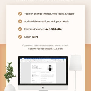 May include: A computer screen displaying a resume template with a professional design. The template is customizable with images, text, icons, and colors. The resume is formatted for A4 and US Letter sizes and can be edited in Microsoft Word. The email address CONTACTCORESUME@GMAIL.COM is displayed on the screen.