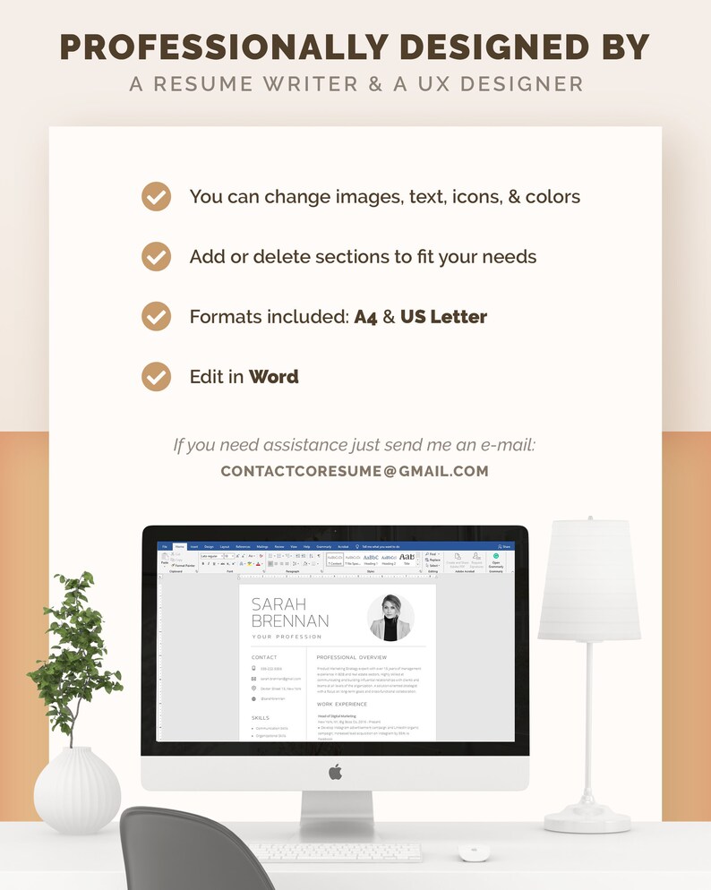 May include: A computer screen displaying a resume template with a professional design. The template is customizable with images, text, icons, and colors. The resume is formatted for A4 and US Letter sizes and can be edited in Microsoft Word. The email address CONTACTCORESUME@GMAIL.COM is displayed on the screen.