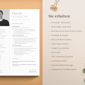 Op de afbeelding: Een cv-sjabloon met een modern ontwerp. Het sjabloon bevat een foto, contactgegevens, werkervaring, vaardigheden en opleiding. De tekst "Felix Winkler, Marketing Manager" staat bovenaan het cv. De tekst "Sie erhalten" staat aan de rechterkant van het cv, gevolgd door een lijst met items die in het sjabloon zijn opgenomen.