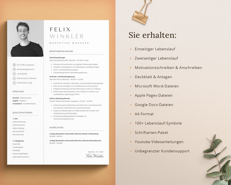 Op de afbeelding: Een cv-sjabloon met een modern ontwerp. Het sjabloon bevat een foto, contactgegevens, werkervaring, vaardigheden en opleiding. De tekst "Felix Winkler, Marketing Manager" staat bovenaan het cv. De tekst "Sie erhalten" staat aan de rechterkant van het cv, gevolgd door een lijst met items die in het sjabloon zijn opgenomen.