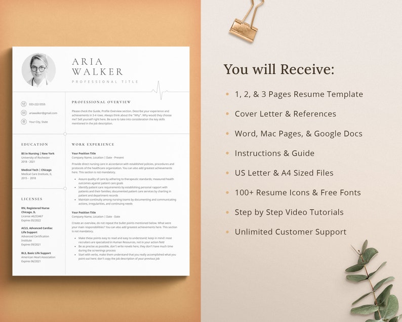 May include: A white resume template with a black and white heart beat graphic. The text "You will Receive:" is listed with bullet points describing the contents of the resume template package. The bullet points include: 1, 2, & 3 Pages Resume Template, Cover Letter & References, Word, Mac Pages, & Google Docs, Instructions & Guide, US Letter & A4 Sized Files, 100+ Resume Icons & Free Fonts, Step by Step Video Tutorials, Unlimited Customer Support.