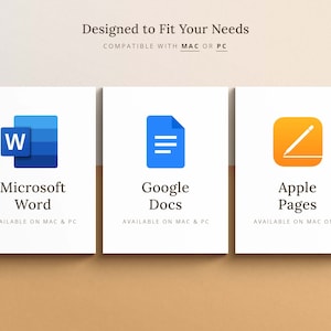 Pu&ograve; includere: Tre icone che rappresentano i popolari programmi di elaborazione testi: Microsoft Word, Google Docs e Apple Pages. L'icona di Microsoft Word &egrave; blu con una "W" bianca. L'icona di Google Docs &egrave; blu con un elenco bianco. L'icona di Apple Pages &egrave; arancione con una matita e una linea bianche.