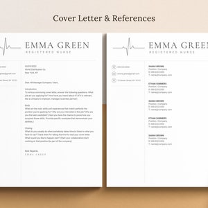 May include: A black and white cover letter and references template for a registered nurse named Emma Green. The template includes contact information, a professional introduction, and a section for references.