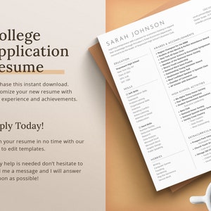May include: A white resume template with the text "College Application Resume" at the top. The resume is for Sarah Johnson and includes sections for education, skills, awards and accomplishments, high school activities, extracurricular activities, and hobbies. The resume is on a brown surface with a cup of coffee in the bottom right corner.