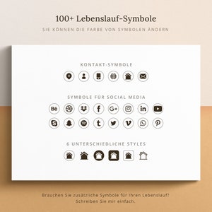 Op de afbeelding: Een wit vel papier met zwarte tekst en pictogrammen. De tekst luidt "100+ Lebenslauf-Symbole" en "SIE K&Ouml;NNEN DIE FARBE VON SYMBOLEN ANDERN". De pictogrammen stellen contactgegevens, sociale mediaplatforms en verschillende stijlen van huissymbolen voor.