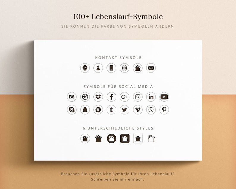 Op de afbeelding: Een wit vel papier met zwarte tekst en pictogrammen. De tekst luidt "100+ Lebenslauf-Symbole" en "SIE K&Ouml;NNEN DIE FARBE VON SYMBOLEN ANDERN". De pictogrammen stellen contactgegevens, sociale mediaplatforms en verschillende stijlen van huissymbolen voor.