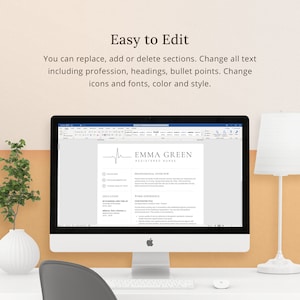 May include: A computer screen displaying a resume template for a Registered Nurse. The template includes a professional overview, work experience, education, and skills sections. The resume is easy to edit and customize.