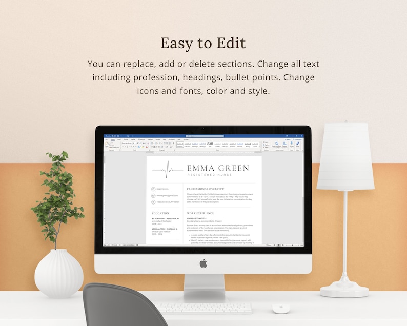 May include: A computer screen displaying a resume template for a Registered Nurse. The template includes a professional overview, work experience, education, and skills sections. The resume is easy to edit and customize.