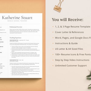 You will receive a one page resume, two page resume, and a three page resume. Additionally, a cover letter, references template, resume writing guide, resume tutorials, icons and fonts. We are here to offer unlimited customer support.