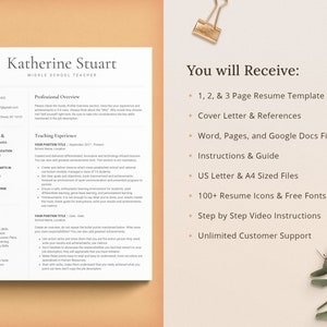 You will receive a one page resume, two page resume, and a three page resume. Additionally, a cover letter, references template, resume writing guide, resume tutorials, icons and fonts. We are here to offer unlimited customer support.