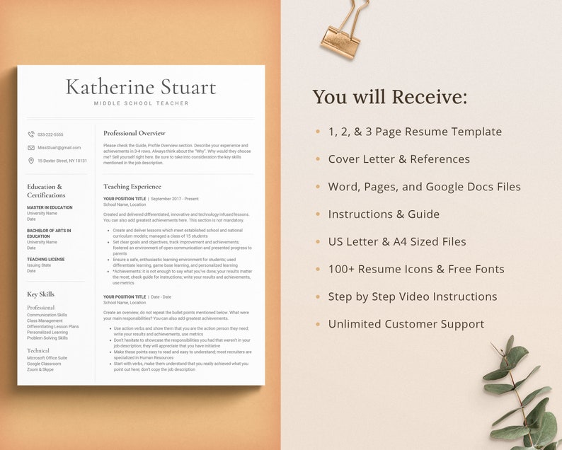 You will receive a one page resume, two page resume, and a three page resume. Additionally, a cover letter, references template, resume writing guide, resume tutorials, icons and fonts. We are here to offer unlimited customer support.