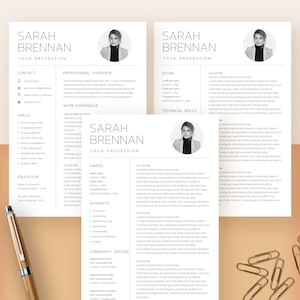 May include: A three-page resume template with a professional design. The resume features a headshot, contact information, skills, work experience, awards, interests, community service, and technical skills sections. The resume is designed to help job seekers present their qualifications in a clear and concise manner.