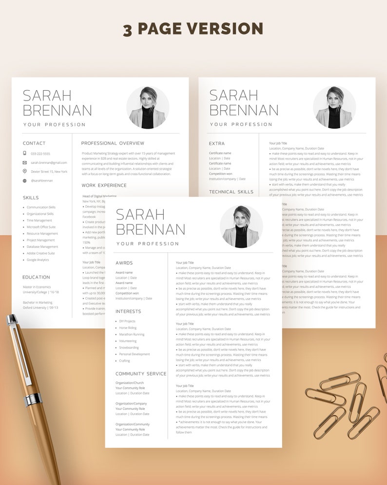May include: A three-page resume template with a professional design. The resume features a headshot, contact information, skills, work experience, awards, interests, community service, and technical skills sections. The resume is designed to help job seekers present their qualifications in a clear and concise manner.