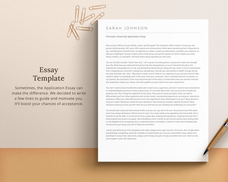 May include: A printable essay template with the title "Essay Template" and the text "Sometimes, the Application Essay can make the difference. We decided to write a few lines to guide and motivate you. It'll boost your chances of acceptance."