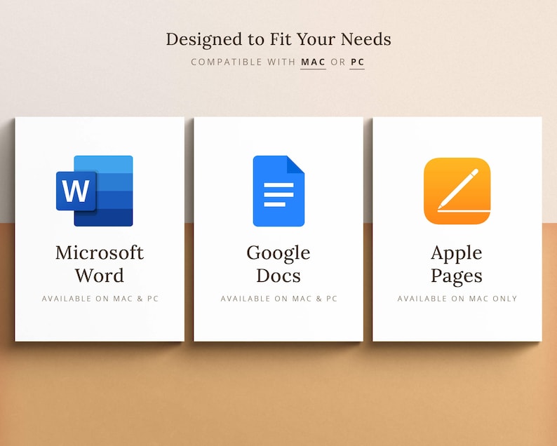 May include: Three white squares with blue, blue, and orange icons representing Microsoft Word, Google Docs, and Apple Pages, respectively. The text below each icon indicates the name of the program and its availability on Mac and PC.