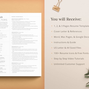 Purchasing this resume template you will receive a one page resume and two page resume. Additionally, a cover letter, references template , resume writing guide, resume tutorials, icons and fonts. We are here to offer unlimited customer support.
