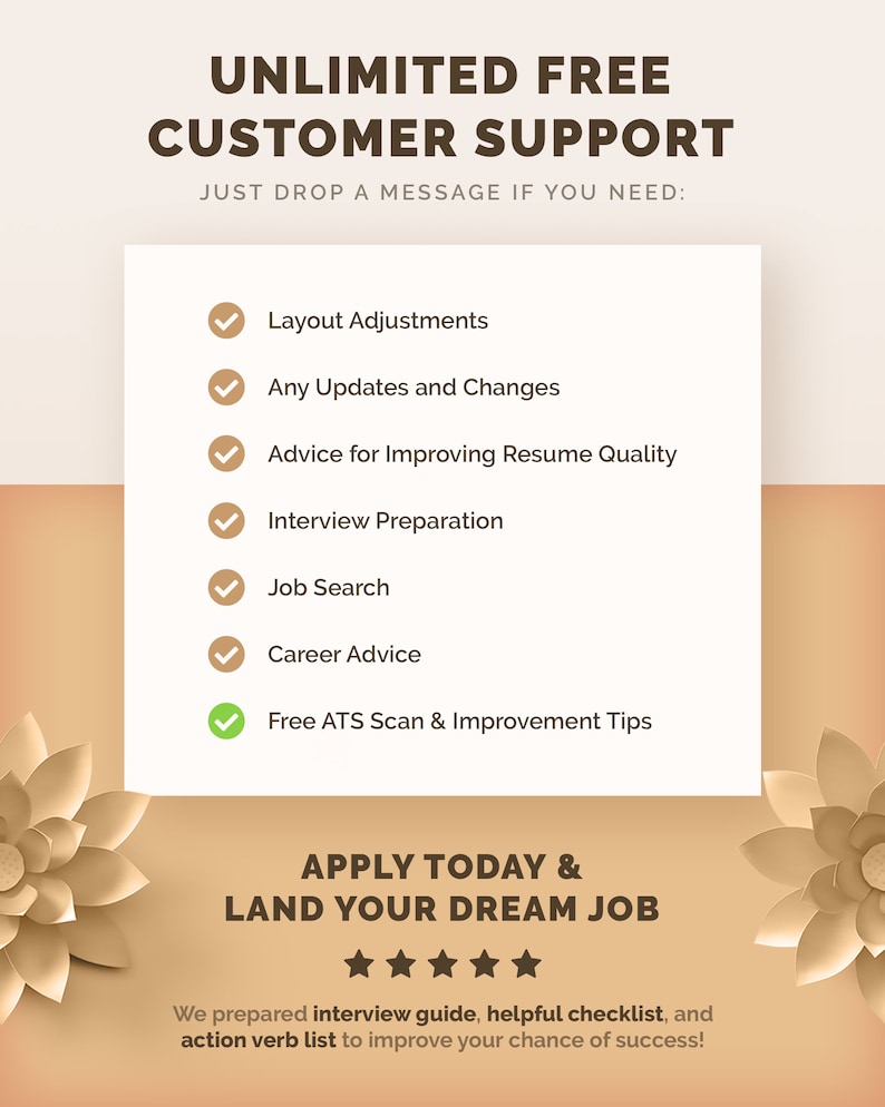 May include: A graphic with a brown background and a white box with a list of services offered. The list includes: Layout Adjustments, Any Updates and Changes, Advice for Improving Resume Quality, Interview Preparation, Job Search, Career Advice, Free ATS Scan & Improvement Tips. The graphic also includes the text "UNLIMITED FREE CUSTOMER SUPPORT" and "APPLY TODAY & LAND YOUR DREAM JOB".
