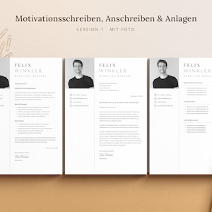 Op de afbeelding: Een zwart-witfoto van een persoon met een cv met de titel "Felix Winkler, Marketing Manager". Het cv bevat secties voor "Kurzprofil", "Berufserfahrung", "Ausbildung" en "Weiterbildung".