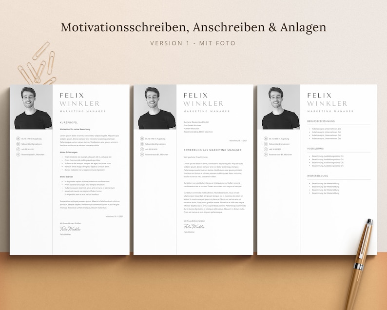 Op de afbeelding: Een zwart-witfoto van een persoon met een cv met de titel "Felix Winkler, Marketing Manager". Het cv bevat secties voor "Kurzprofil", "Berufserfahrung", "Ausbildung" en "Weiterbildung".