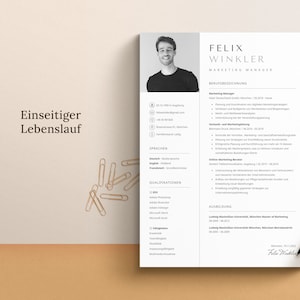 Op de afbeelding: Een zwart-witte cv met de titel "Einseitiger Lebenslauf" bovenaan. De cv is voor Felix Winkler, marketingmanager. De cv bevat contactgegevens, werkervaring, vaardigheden en opleiding.