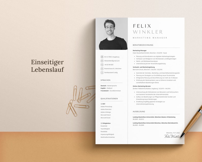 Op de afbeelding: Een zwart-witte cv met de titel "Einseitiger Lebenslauf" bovenaan. De cv is voor Felix Winkler, marketingmanager. De cv bevat contactgegevens, werkervaring, vaardigheden en opleiding.