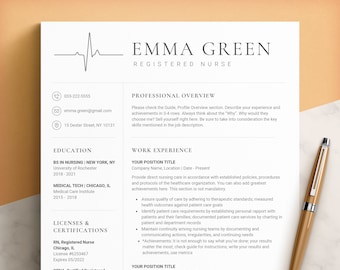 May include: A resume for Emma Green, a Registered Nurse. The resume includes her contact information, education, work experience, and licenses and certifications. The resume is formatted with a professional and modern design.
