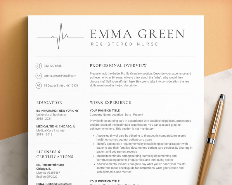May include: A resume for Emma Green, a Registered Nurse. The resume includes her contact information, education, work experience, and licenses and certifications. The resume is formatted with a professional and modern design.