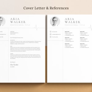 May include: A black and white cover letter and references template with a professional headshot of a woman wearing glasses. The document includes contact information, a professional title, and a section for references.