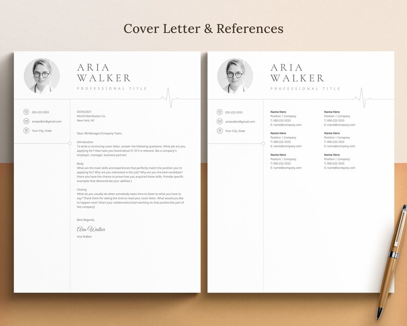 May include: A black and white cover letter and references template with a professional headshot of a woman wearing glasses. The document includes contact information, a professional title, and a section for references.