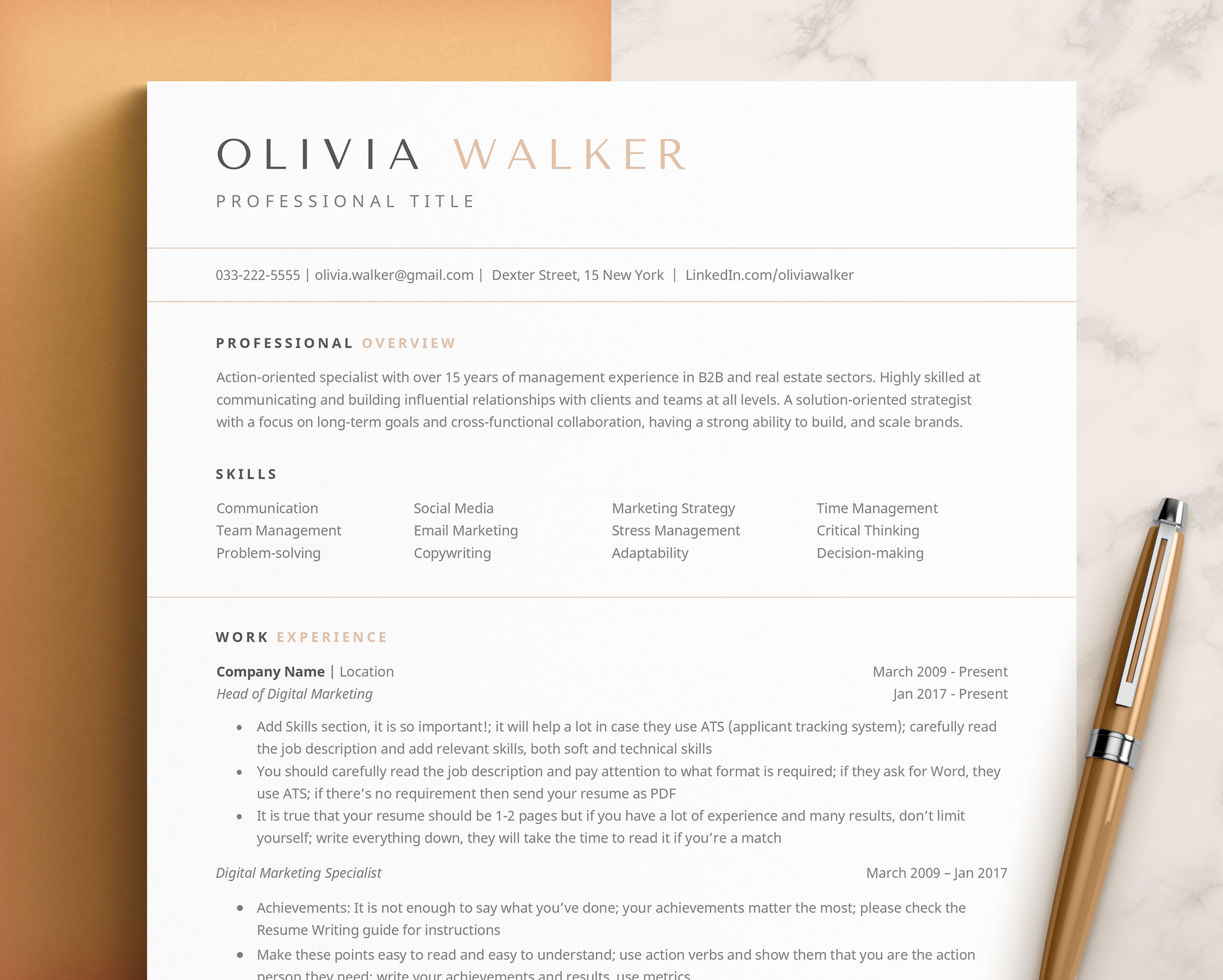CV Resume Template Word, Pages, Google Docs Resume, Professional Resume Template Modern 2 Pages, CV Template, Clean Modern Resume Template