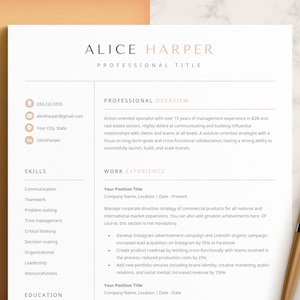 Plantilla de currículum de una página Word, páginas de Apple, currículum de Google Docs, plantilla de currículum creativo y plantilla de carta de presentación, plantilla de CV profesional