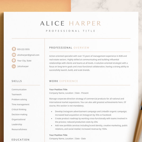 One Page Resume Template Word, Apple Pages, Google Docs Resume, Creative Resume Template & Cover Letter Template, CV Template Professional