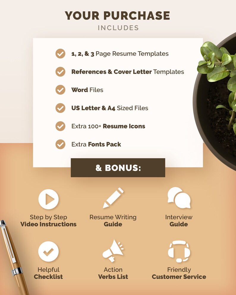 May include: A graphic with a list of items included in a purchase. The items include resume templates, cover letter templates, word files, icons, fonts, and bonus items such as video instructions, a resume writing guide, an interview guide, a checklist, an action verbs list, and customer service.
