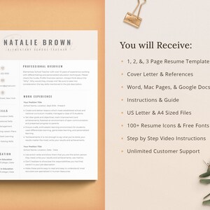 May include: A resume template designed for elementary school teachers. The template features sections for a professional overview, work experience, skills, and education. The text "You will Receive:" is followed by bullet points outlining the template's contents, including a cover letter, references, instructions, and icons.