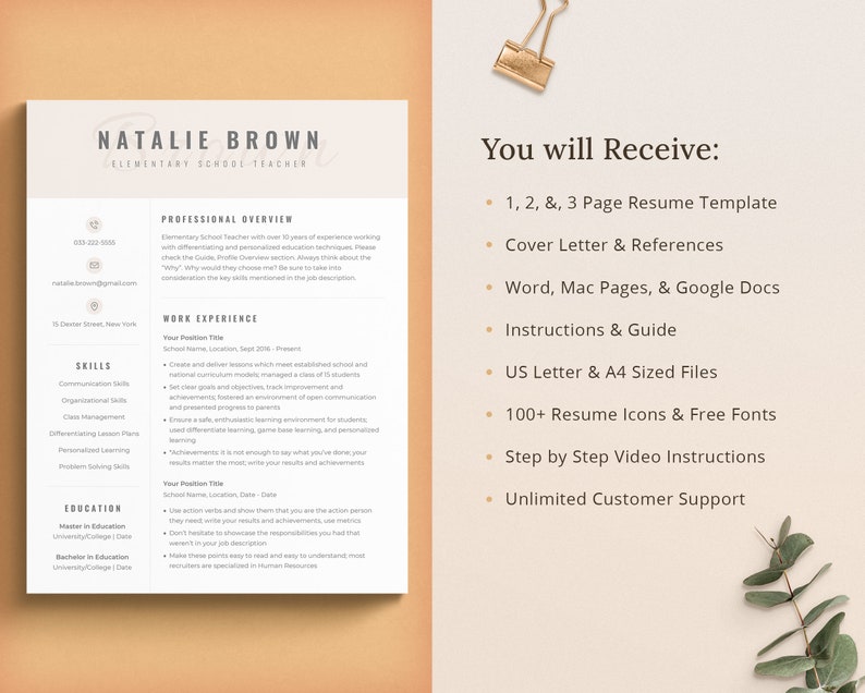 May include: A resume template designed for elementary school teachers. The template features sections for a professional overview, work experience, skills, and education. The text "You will Receive:" is followed by bullet points outlining the template's contents, including a cover letter, references, instructions, and icons.