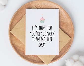 Printable Birthday Card, Rude that you&#39;re younger than me Sarcastic Birthday Card, Funny and Humorous Card Download, Getting Old Birthday