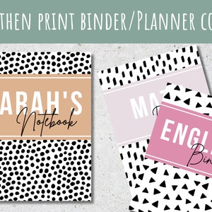 May include: Three printable binder covers with black and white polka dot and triangle patterns. The covers are labeled "Sarah's Notebook", "Math", and "English Binder".