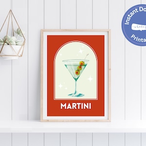 Martini Cocktail Printable, Classic Kitchen Art, Colorful Retro Download, Bar Cart Display, Drink Wall Art, Alcohol Decor, Mixology